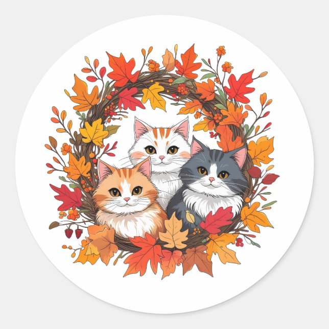 autumn cat wreath classic round sticker (Front)