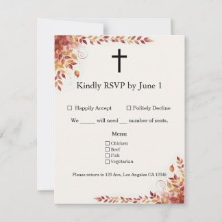 Autumn Catholic Red and Gold Wedding RSVP Card