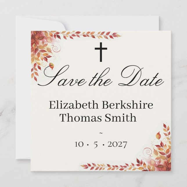 Autumn Catholic Red and Gold Wedding Save the Date (Front)