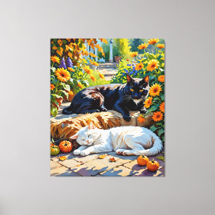 Autumn Cats In Garden Stretched Canvas Print