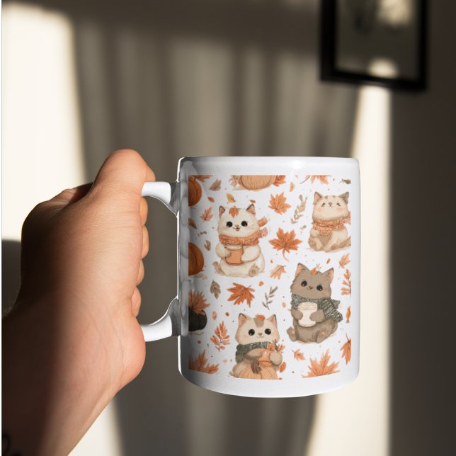Autumn Cats Pattern Mug Fall Aesthetic (“Cozy fall mug featuring cute cats and autumn leaves — perfect for warm coffee moments.”)