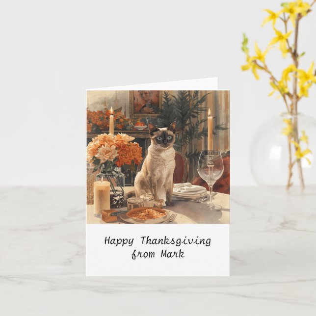 Autumn chic Siamese Cat  hostess cat at dinner  Card (Yellow Flower)