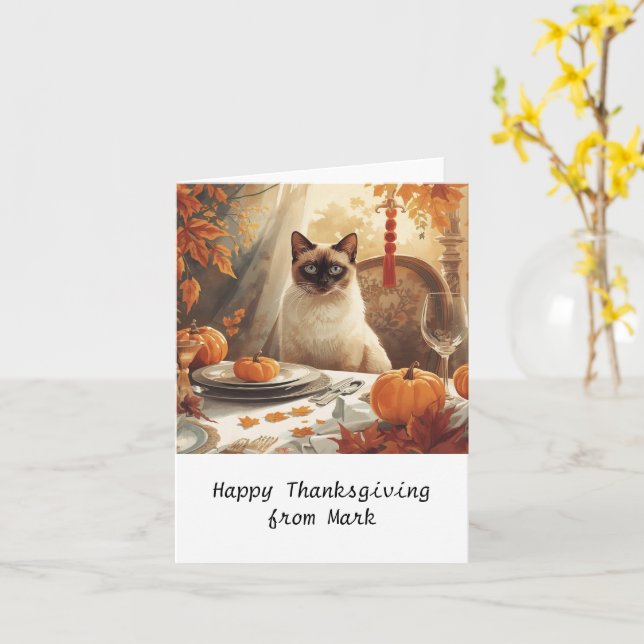 Autumn chic Siamese Cat  hostess cat at dinner  Card (Yellow Flower)