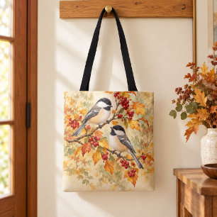 Autumn Chickadees with Golden Leaves & Berries Tote Bag