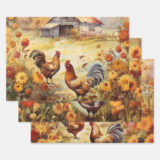 Autumn Chicken Field Wrapping Paper Sheet (Set)