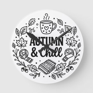 Autumn & Chill | Cosy Fall Hand-Lettered Line Art Round Clock