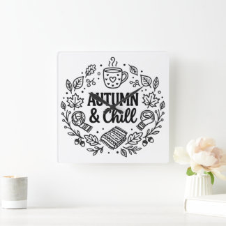Autumn & Chill | Cosy Fall Hand-Lettered Line Art Square Wall Clock