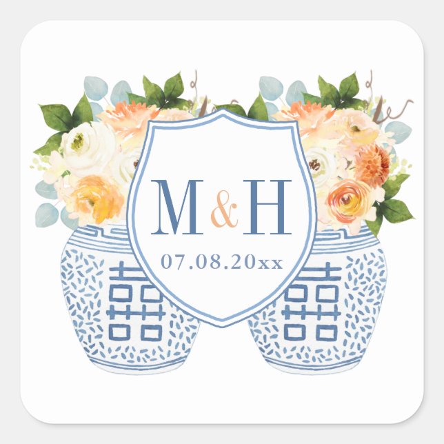 Autumn Chinoiserie Monogram Wedding Favour Square Sticker (Front)