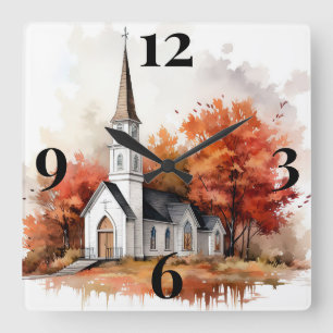 Autumn Church Square Wall Clock