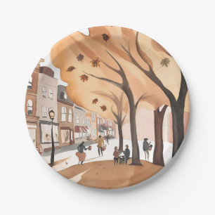 Autumn City Park   Fall Foliage Watercolor Paper Plate