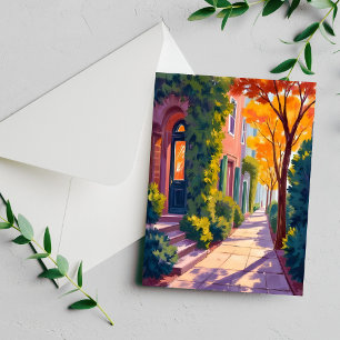 Autumn City Street Glow Cosy Fall Watercolor Card