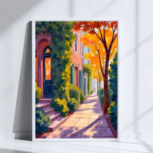 Autumn City Street Glow Cosy Fall Watercolor Poster