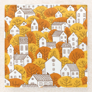 Autumn Cityscape, Trees Houses Pattern. Glass Coaster