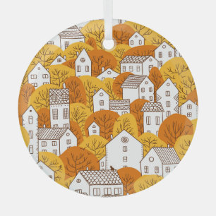 Autumn Cityscape, Trees Houses Pattern. Glass Tree Decoration