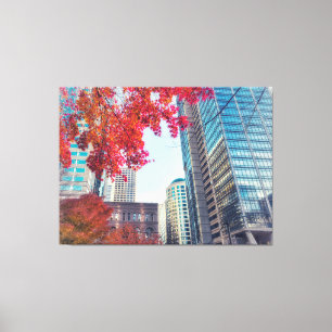 Autumn Cityscape with Red Maple Leaves Canvas Print