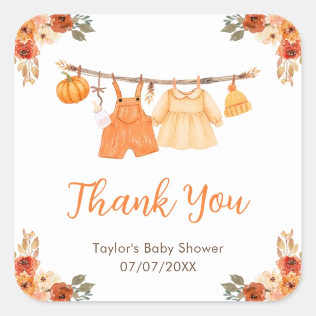 Autumn Clothes Line Twins Baby Shower Thank You Square Sticker (Front)