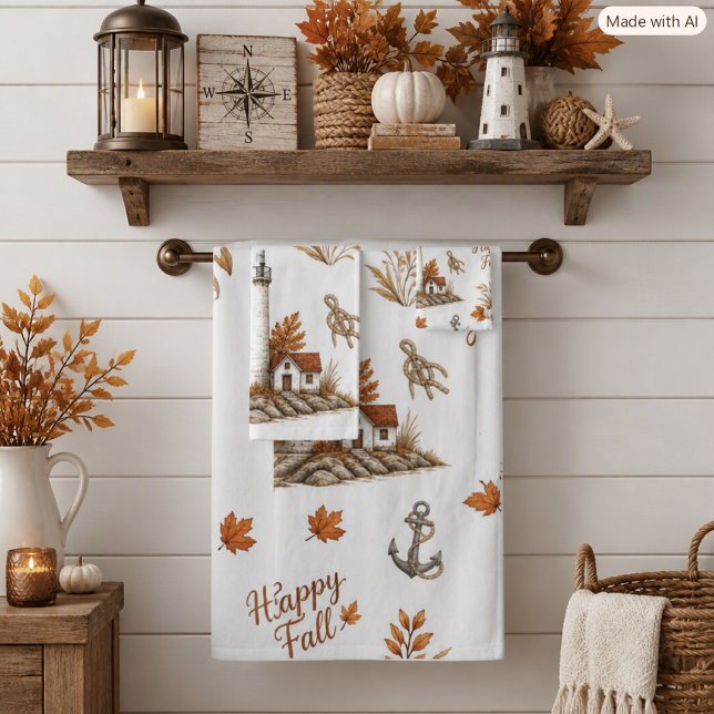  Autumn Coastal Lighthouse Nautical Fall Leaves Bath Towel Set (Creator Uploaded)
