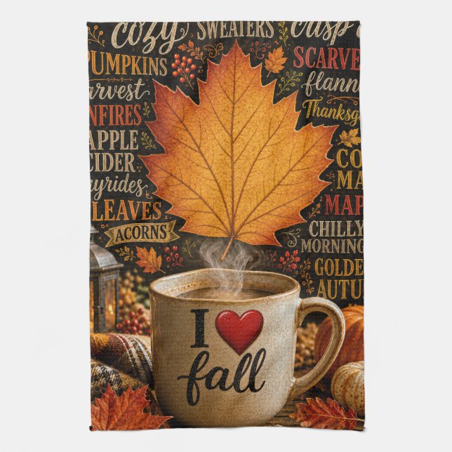 Autumn Coffee with Word Cloud Tea Towel (Vertical)