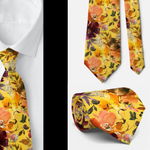 Autumn Colors Yellow Peach Roses Floral Neck Tie