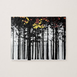 Autumn Colour Splashes on Black Silhouette Trees Jigsaw Puzzle