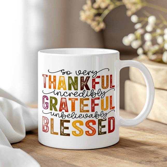 Autumn Coloured Boho Thanksgiving Inspirational Coffee Mug (Autumn Colored Boho Thanksgiving Inspirational Coffee Mug on a boho wooden table.)