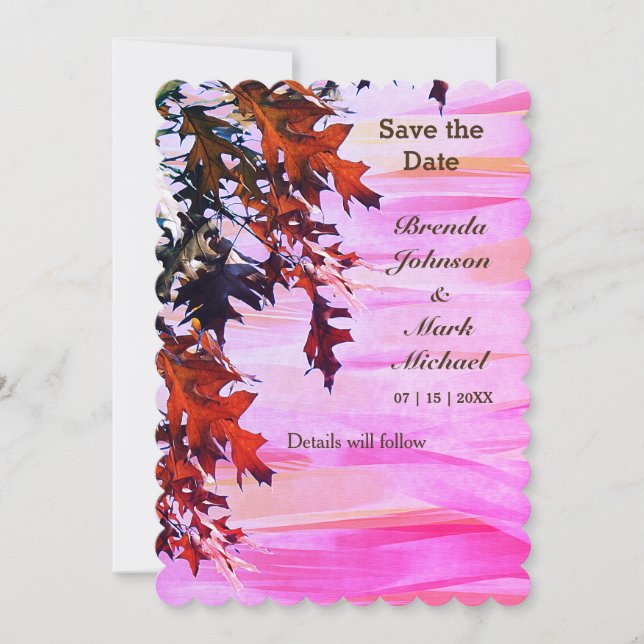Autumn Coloured Leaves Pink Swirl Save the Date (Front)