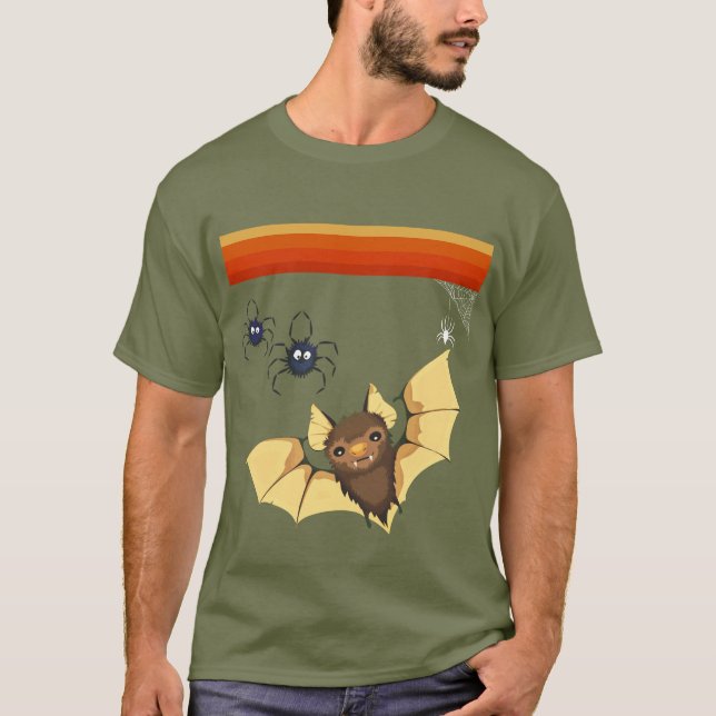 Autumn Colours, Cute Bat, Spiders, Cobweb Hallowee T-Shirt (Front)