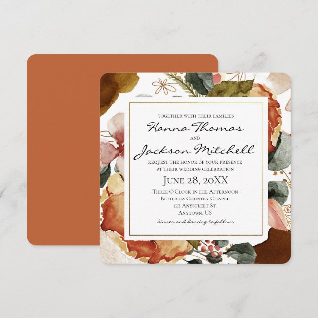 Autumn Colours Fall Floral Watercolor Wedding Invitation (Front/Back)