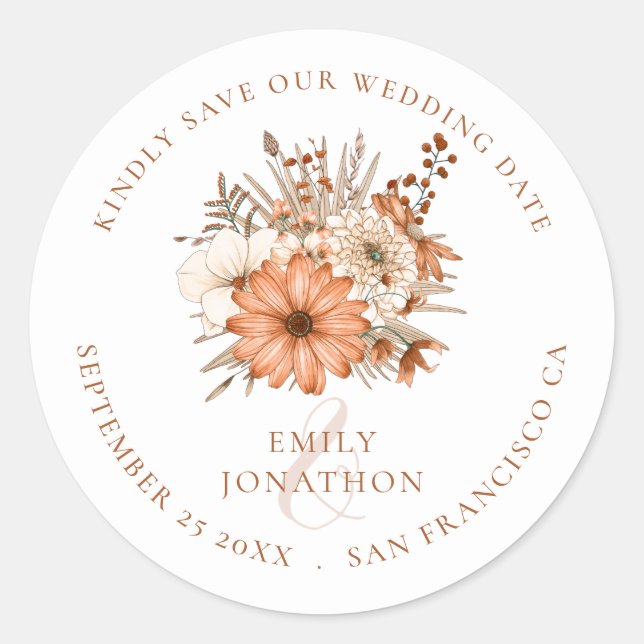 Autumn Colours Florals Wedding Save The Date Classic Round Sticker (Front)
