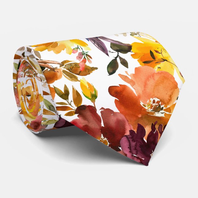 Autumn Colours Gold Peach Roses Floral Neck Tie (Rolled)