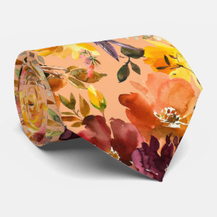 Autumn Colours Gold Peach Roses Floral Neck Tie