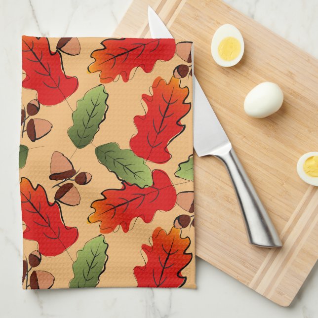 Autumn Colours Leaves Pattern Tea Towel (Quarter Fold)