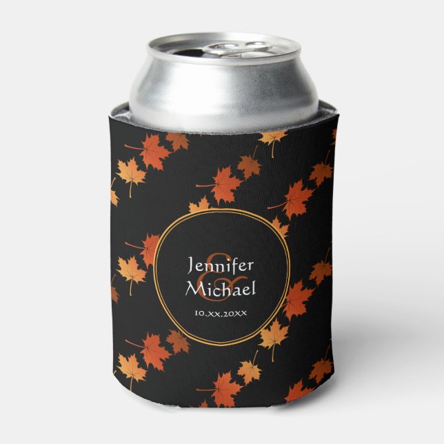 Autumn Colours Maple Leaves pattern couple's name Can Cooler (Can Front)