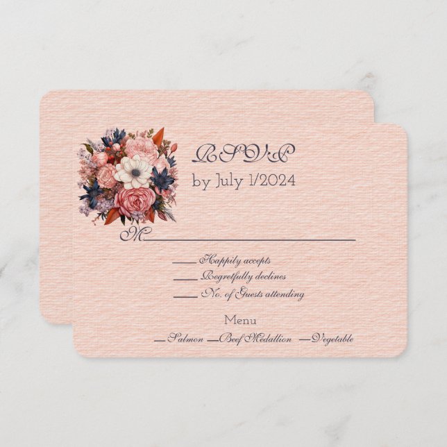 Autumn Colours Orange Black Floral Wedding Bouquet RSVP Card (Front/Back)