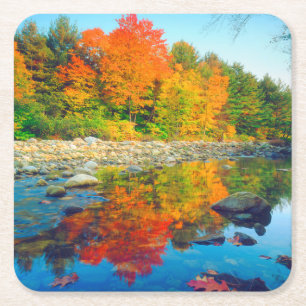 Autumn Colours reflecting in a stream in Vermont Square Paper Coaster