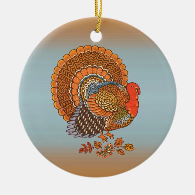 Autumn Colours Thanksgiving Male Turkey Fanned Tai Ceramic Tree Decoration (Front)