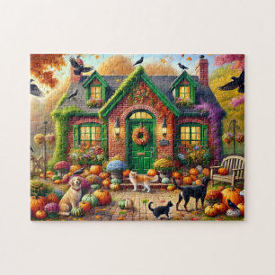Autumn Cosy Cottage Cats Dogs Pumpkins Jigsaw Puzzle