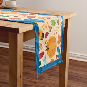 Autumn Cosy Fall Pattern Pumpkins Leaves Blue Short Table Runner
