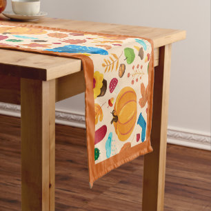 Autumn Cosy Fall Pattern Pumpkins Leaves Orange Short Table Runner