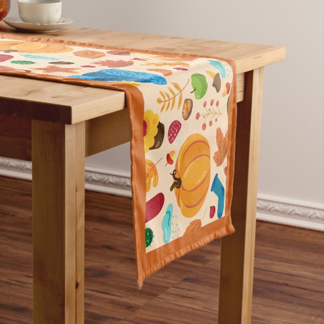 Autumn Cosy Fall Pattern Pumpkins Leaves Orange Short Table Runner (In Situ)