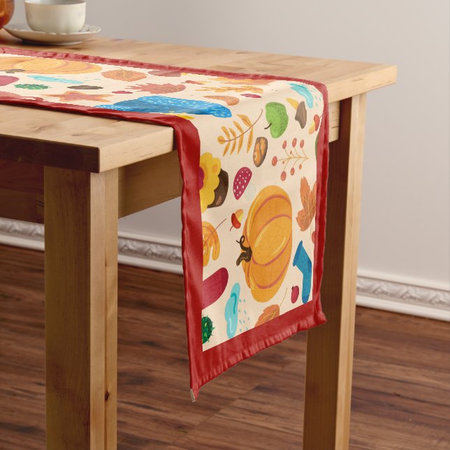 Autumn Cosy Fall Pattern Red Border Pumpkins Leaf Short Table Runner (In Situ)