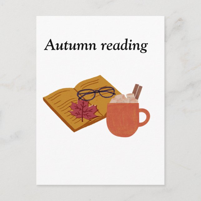 Autumn Cosy Vibes – Hot Cocoa, Book & Fall Leaves  Postcard (Front)