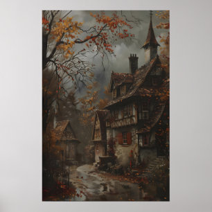 Autumn Cottage Art Print, Rustic Fall Wall Art