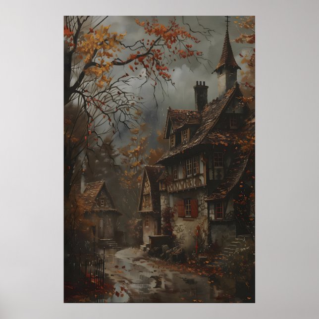 Autumn Cottage Art Print, Rustic Fall Wall Art (Front)