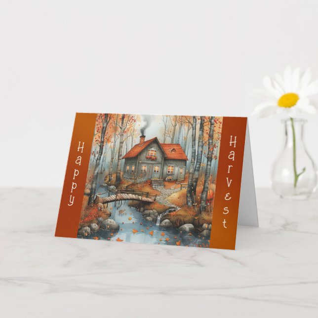 Autumn Cottage Bridge Illustration Thanksgiving Card (Small Plant)