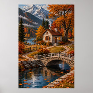Autumn Cottage by River Mountain Landscape Art Poster