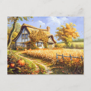 Autumn Cottage by Wheat Field and Pumpkins Postcard