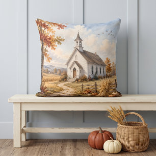 Autumn Country Church Watercolor Landscape Cushion