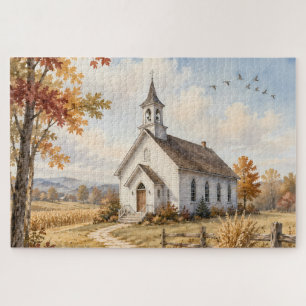 Autumn Country Church Watercolor Landscape Jigsaw Puzzle