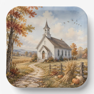 Autumn Country Church Watercolor Landscape Paper Plate